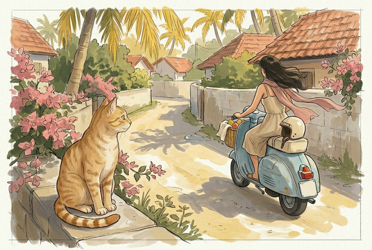 Wide view of the village lane — Coco sitting on the low wall watching Anna ride the blue Vespa around the bend, coconut palms and tiled rooftops beyond.