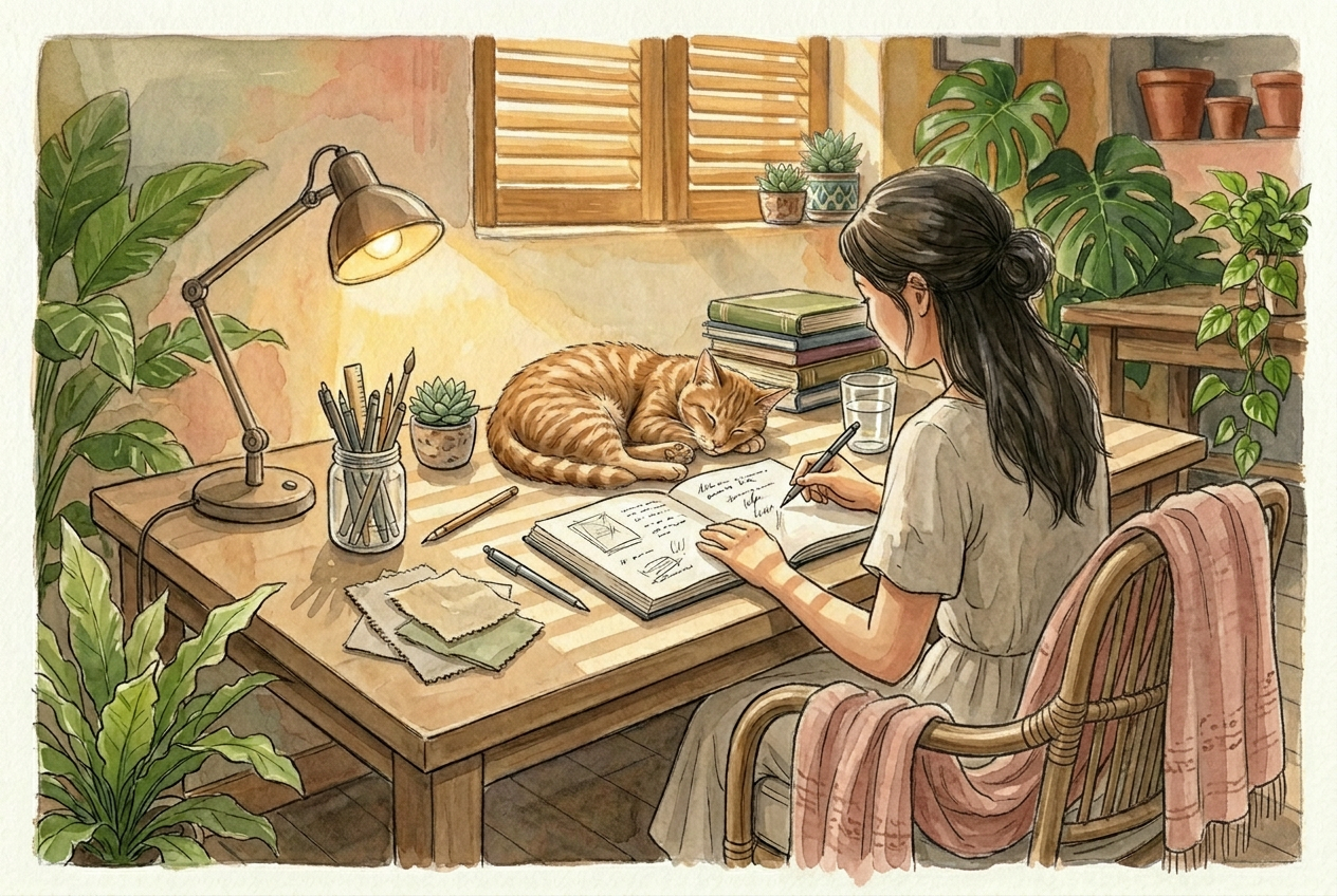 Anna at her writing desk by the shuttered window, pen in hand over an open notebook, Coco the ginger cat curled asleep on a stack of books beside the lamp, potted plants crowding the warm little room.