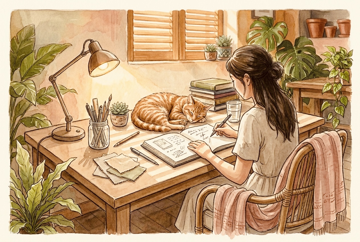 Anna at her writing desk by the shuttered window, pen in hand over an open notebook, Coco the ginger cat curled asleep on a stack of books beside the lamp, potted plants crowding the warm little room.