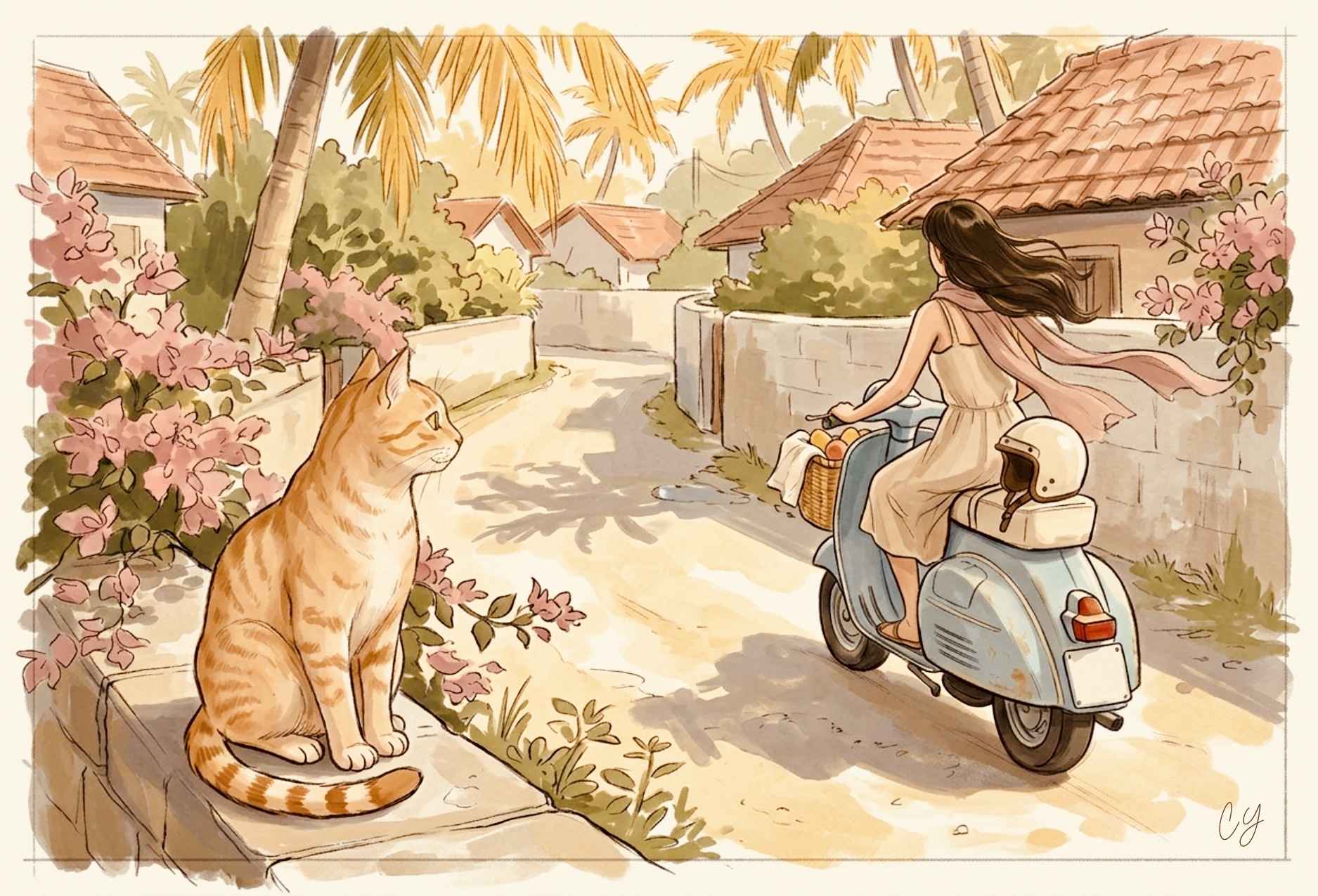 Wide view of the village lane — Coco sitting on the low wall watching Anna ride the blue Vespa around the bend, coconut palms and tiled rooftops beyond.