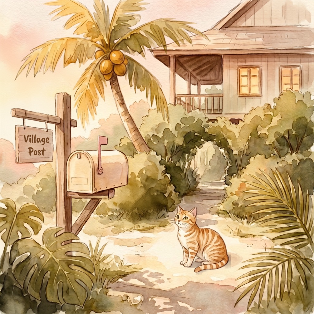 A watercolor painting of the Village Post mailbox under a coconut palm hung with ripe yellow coconuts, Coco the ginger tabby cat sitting upright on the sandy path and looking up toward the box, and Anna's villa glowing honey-gold beyond.