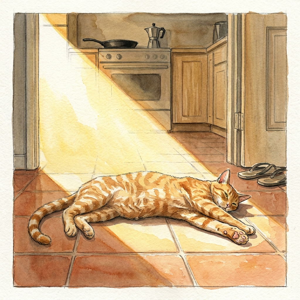 Coco sprawled fully extended in a long shaft of afternoon light on the kitchen floor, the stove and a pair of sandals in the background.