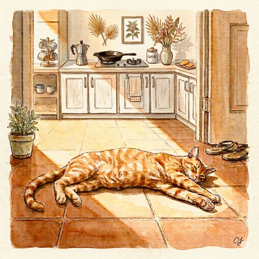 Coco sprawled fully extended in a long shaft of afternoon light on the kitchen floor, the stove and a pair of sandals in the background.