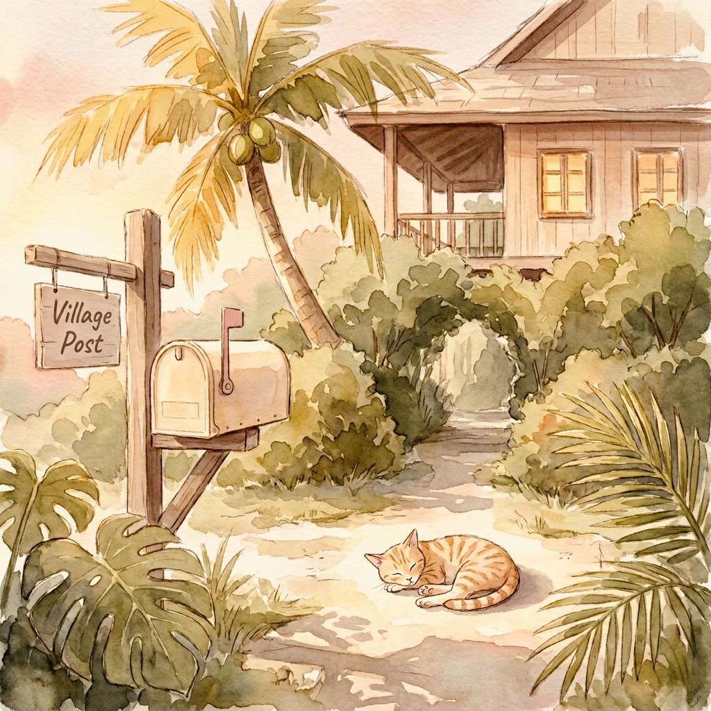 A watercolor painting of the Village Post mailbox under a coconut palm with unripe green coconuts, Coco the ginger tabby cat asleep on the sandy path, and Anna's villa glowing honey-gold in the late afternoon light.