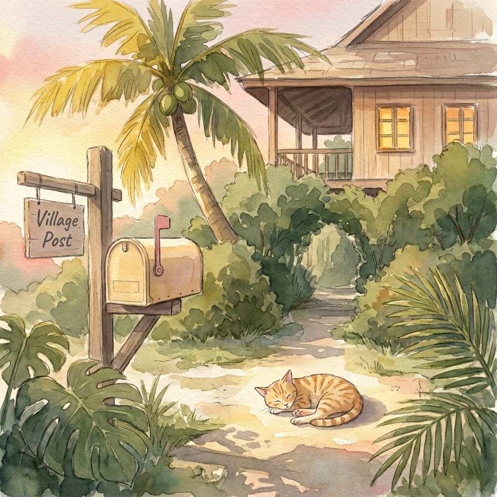 A watercolor painting of the Village Post mailbox under a coconut palm with unripe green coconuts, Coco the ginger tabby cat asleep on the sandy path, and Anna's villa glowing honey-gold in the late afternoon light.
